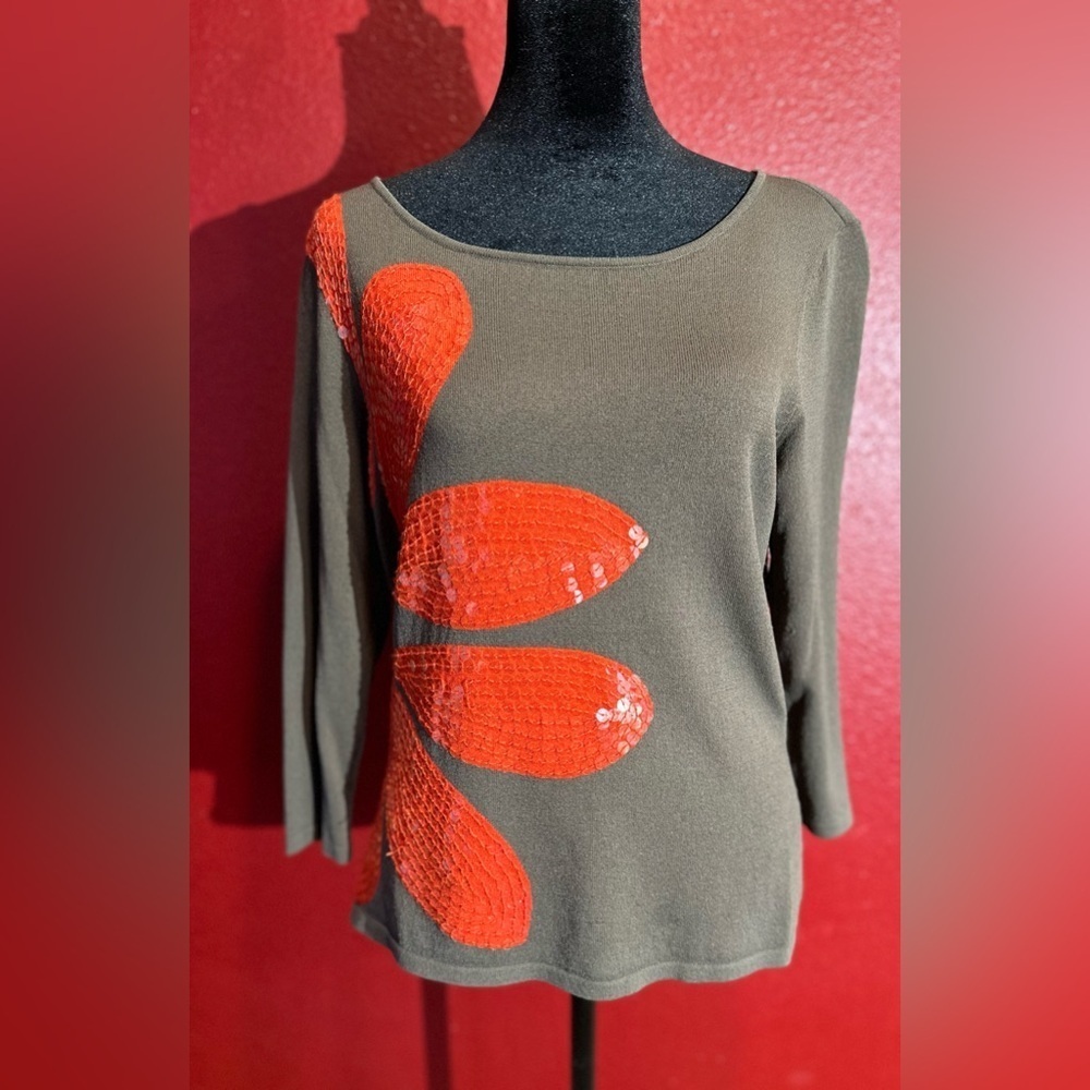 Ideology Women’s Army Green Sequin Floral Long Sleeve Knit Top Size Large L